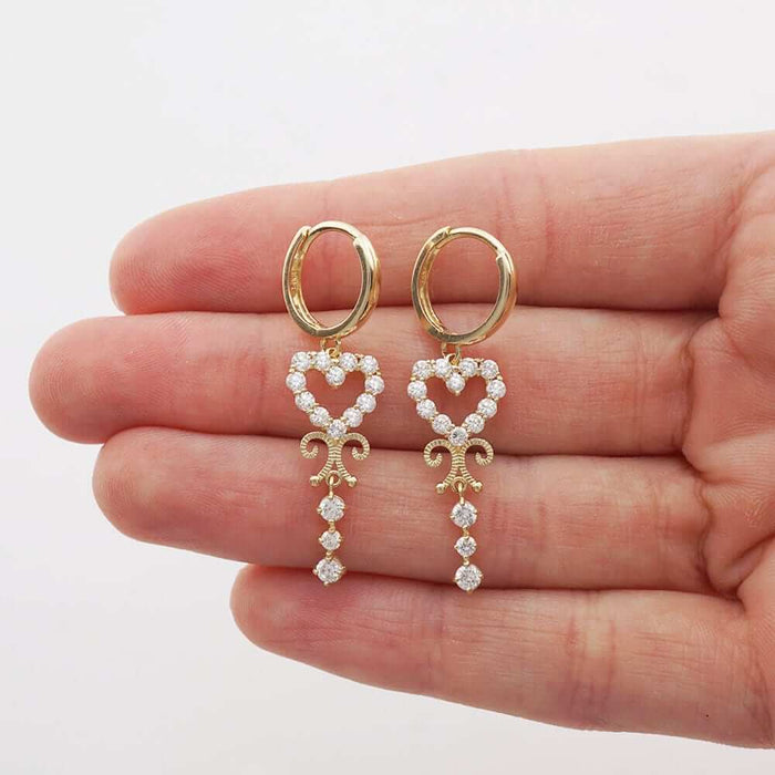 14k Yellow Gold CZ Heart Filigree Huggie Hoop Earrings