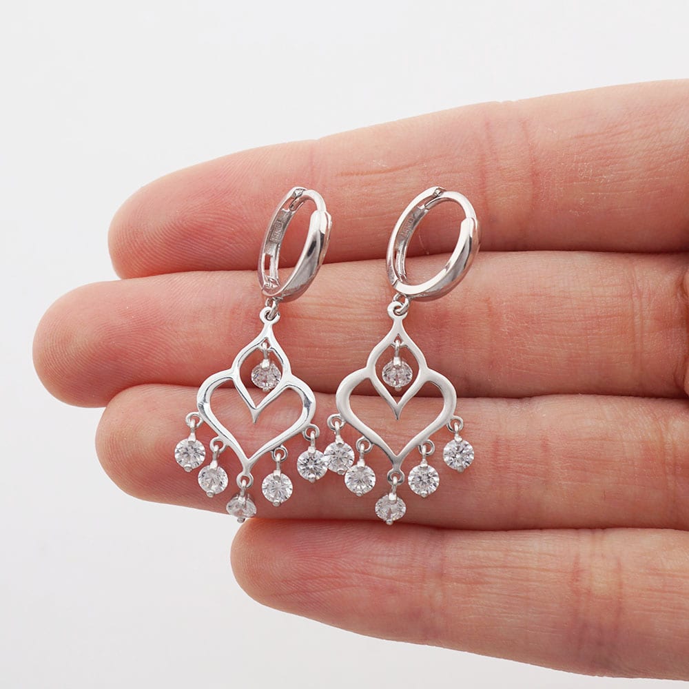 14k Yellow & White Gold CZ Chandelier  Huggie Hoop Earrings