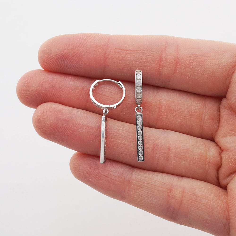14k White Gold 0.75Ct CZ Bar  Drop Huggie Hoop Earrings