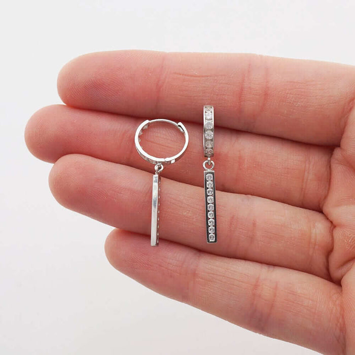 14k White Gold 0.75Ct CZ Bar Drop Huggie Hoop Earrings