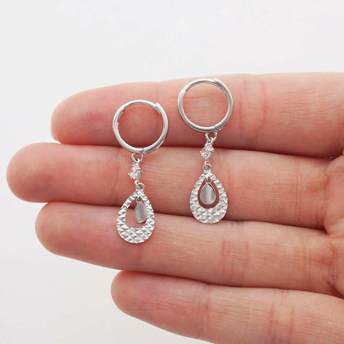 14k White Gold CZ Teardrop Huggie Hoop Earrings