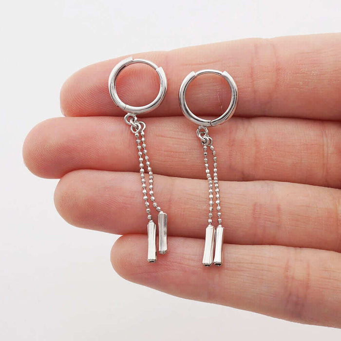 14k White Gold Diamond-Cut Ball Chain Drop Huggie Hoop Earrings
