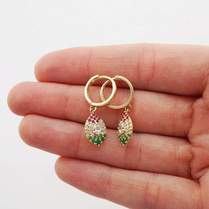 14k Yellow White Gold Multicolor CZ Huggie Hoop Earrings