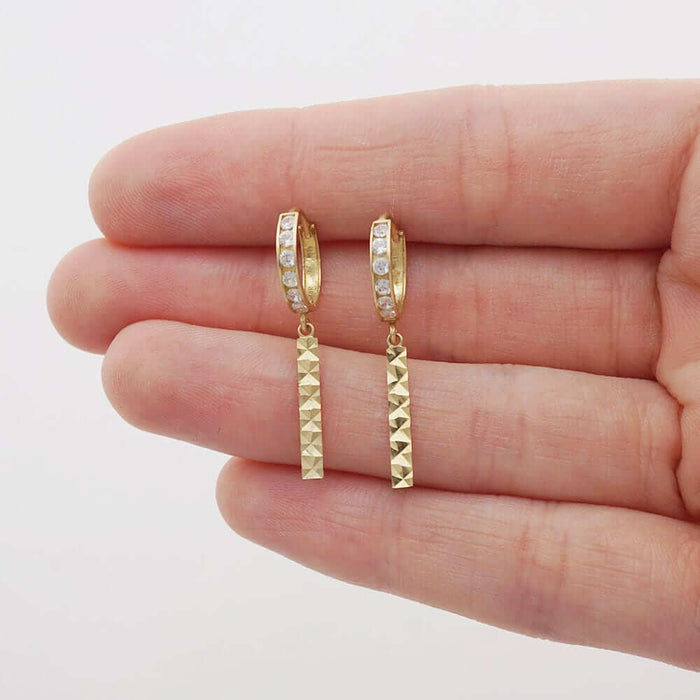 14k Yellow Gold CZ Bar Huggie Hoop Earrings