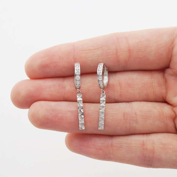 14k Yellow Gold CZ Bar Huggie Hoop Earrings