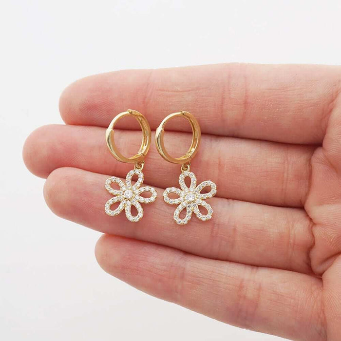 14k Yellow & White Gold CZ Flower Huggie Hoop Earrings