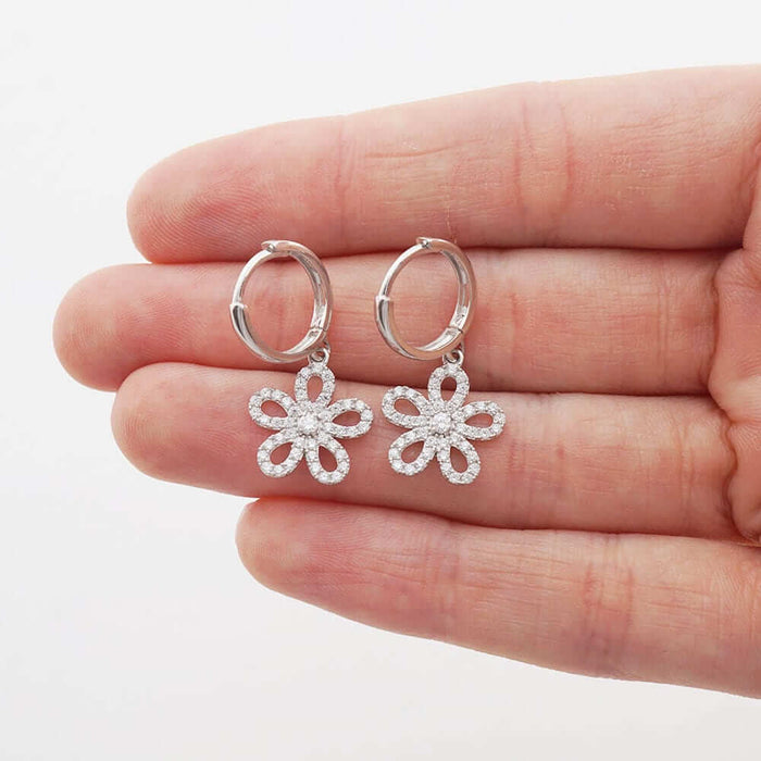 14k Yellow & White Gold CZ Flower Huggie Hoop Earrings