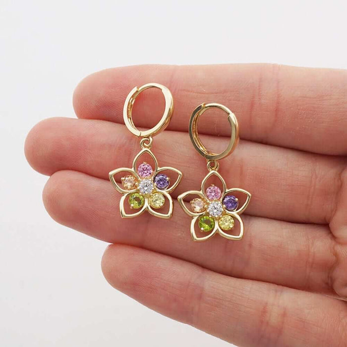14k Yellow & White Gold Multi-color Gemstone Flower Huggie Hoop Earrings