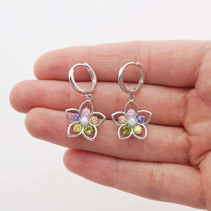 14k Yellow & White Gold Multi-color Gemstone Flower Huggie Hoop Earrings