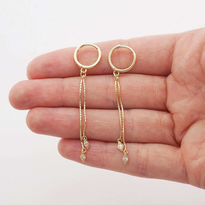 14K White Gold CZ Box Chain Huggie Hoop Earrings