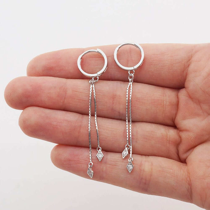 14K White Gold CZ Box Chain Huggie Hoop Earrings