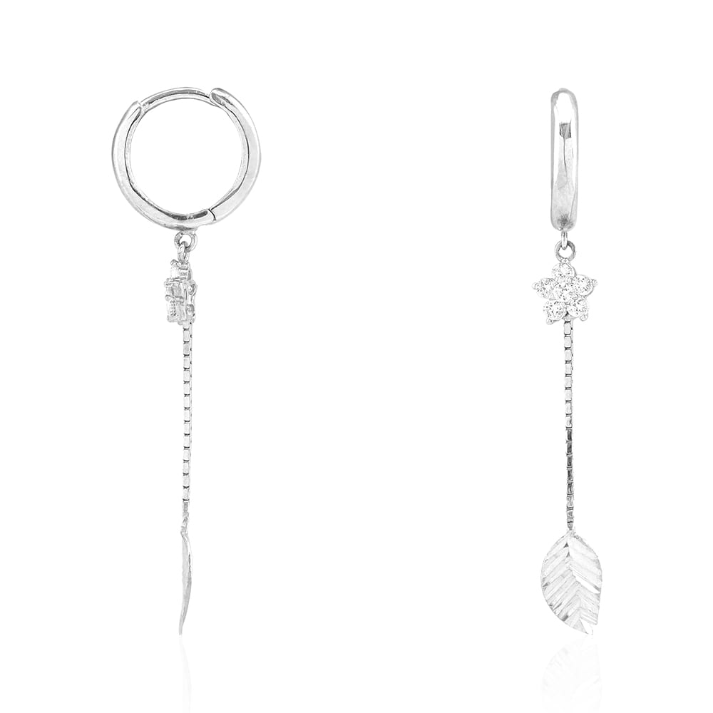 14k White Gold CZ Flower Leaf  Huggie Hoop Earrings