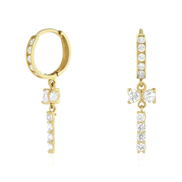 1.20Ct CZ 14k Yellow Gold Bow Double Huggie Hoop Earrings