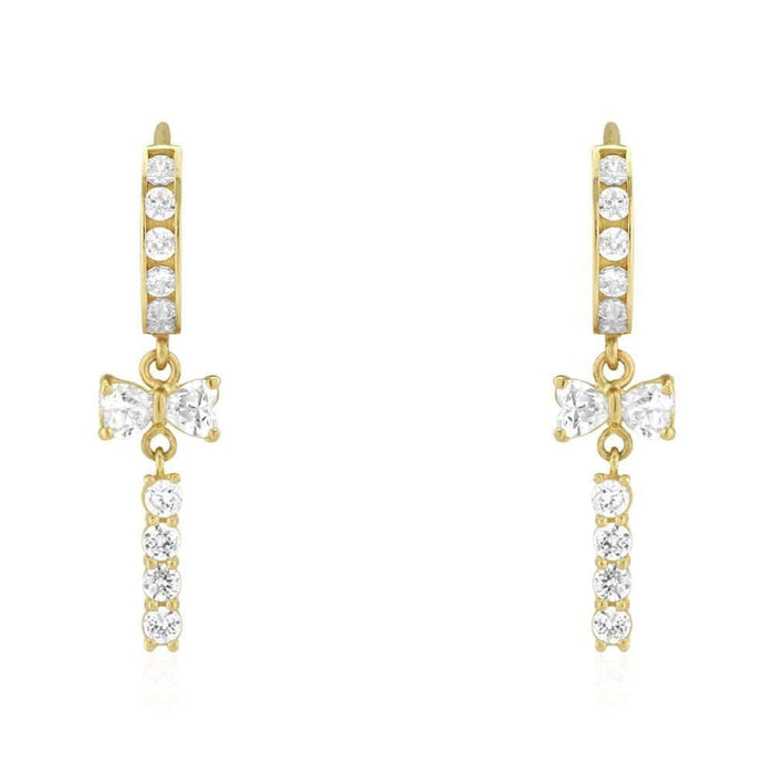 CZ 14k Yellow & White Gold Bow Double Huggie Hoop Earrings