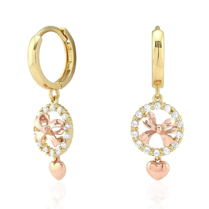 14k Yellow Gold CZ Rose Bow Heart Huggie Hoop Earrings
