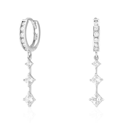 14k White Gold 2Ct Princess CZ Drop Huggie Hoop Earrings