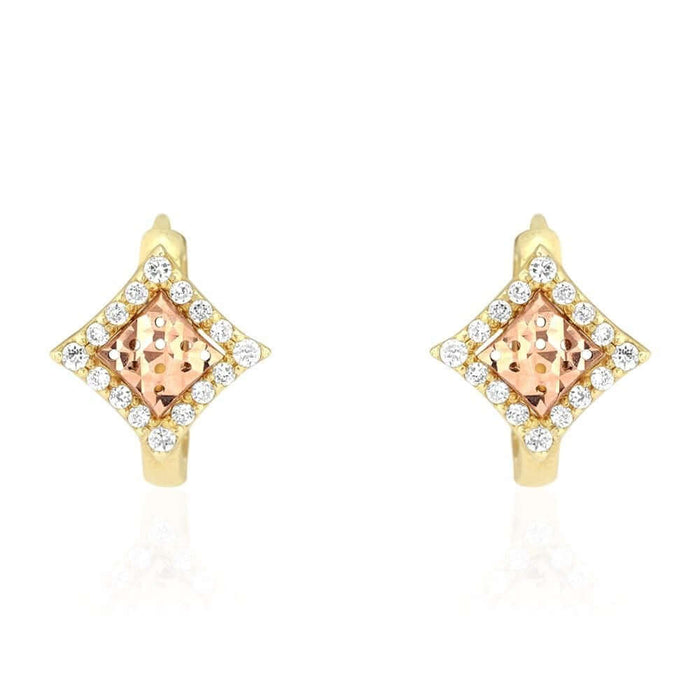 14k Yellow & Rose Gold White CZ Huggie Hoop Earrings 1Ct