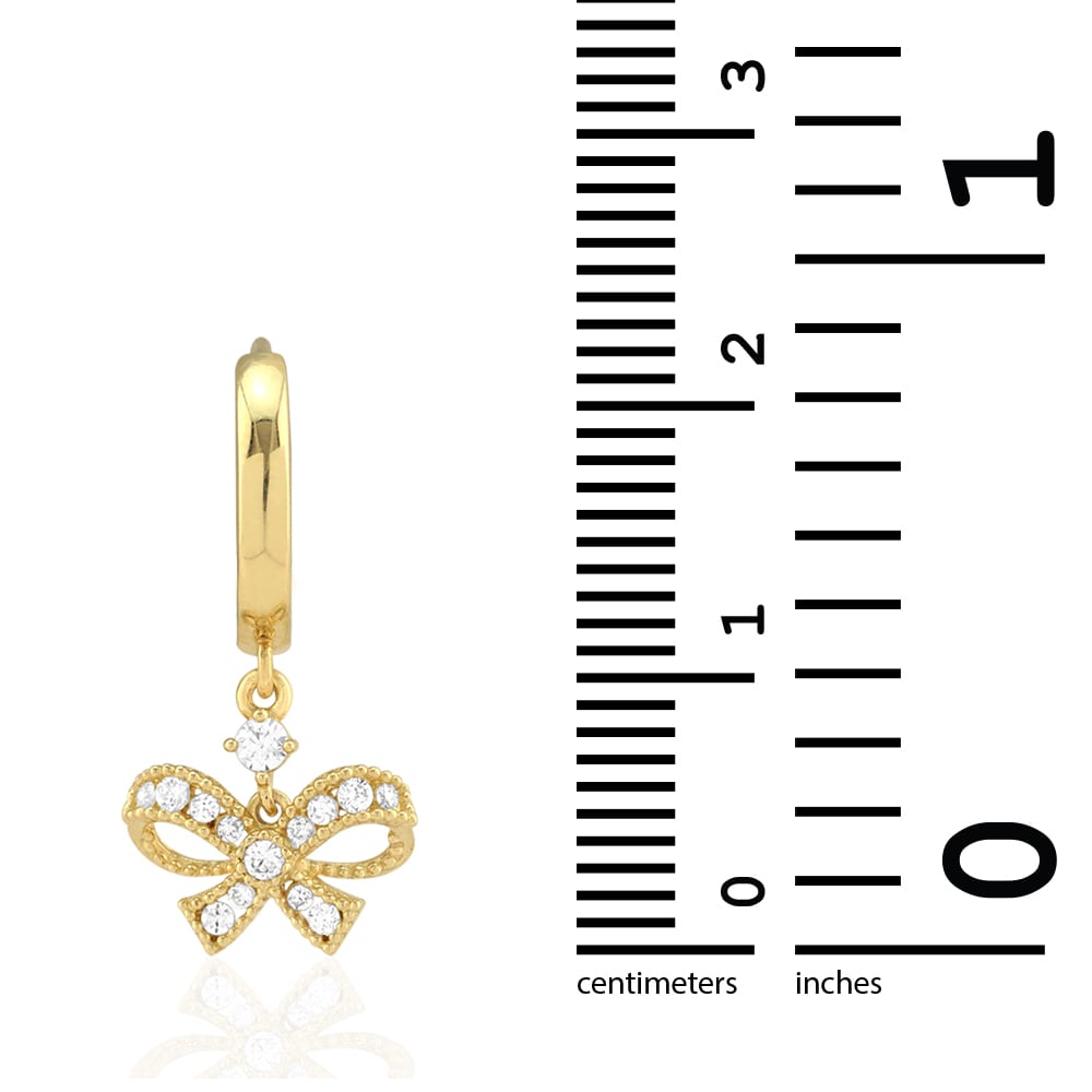 14k Yellow Gold CZ Bow Shaped  Drop Huggie Hoop Earrings