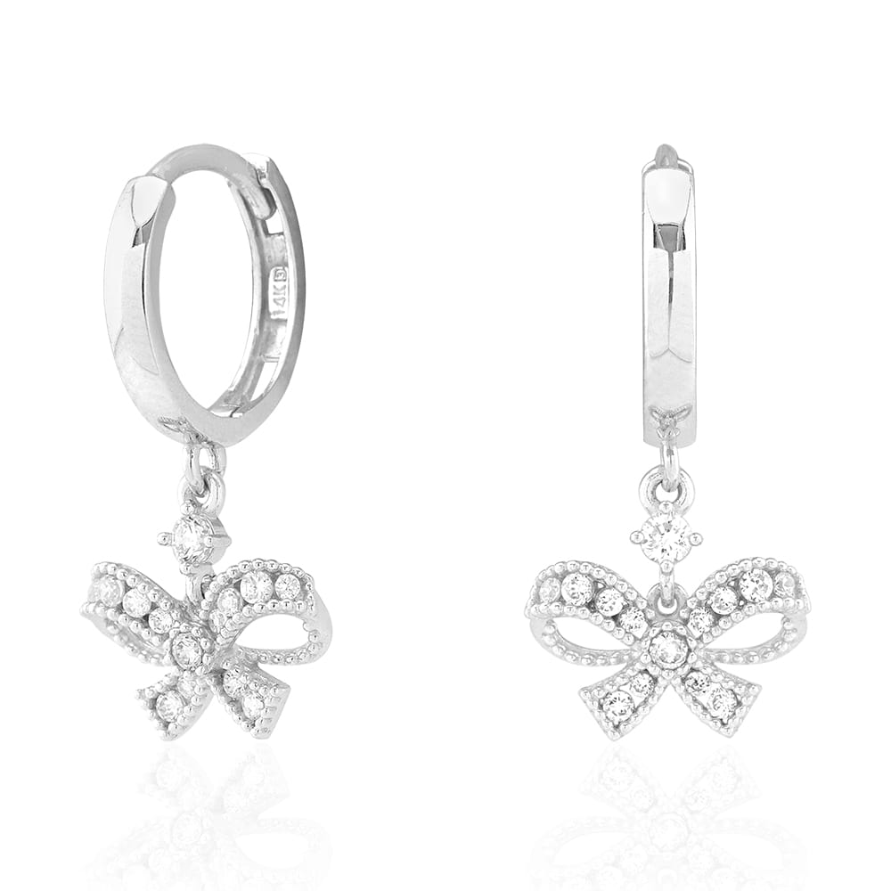 14k Yellow Gold CZ Bow Shaped  Drop Huggie Hoop Earrings
