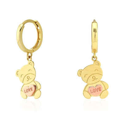 14k Yellow And Rose Gold Heart Teddy Bear Drop Huggie Hoop Earrings