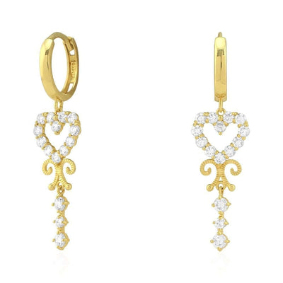 14k Yellow Gold CZ Heart Filigree Huggie Hoop Earrings