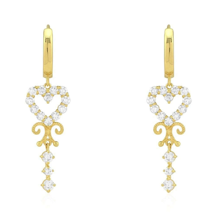 14k Yellow Gold CZ Heart Filigree Huggie Hoop Earrings
