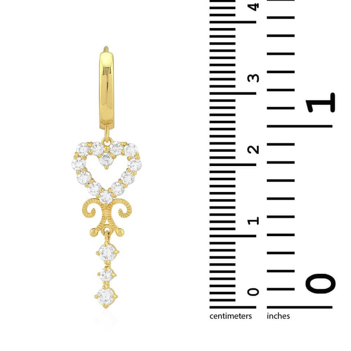 14k Yellow Gold CZ Heart Filigree Huggie Hoop Earrings