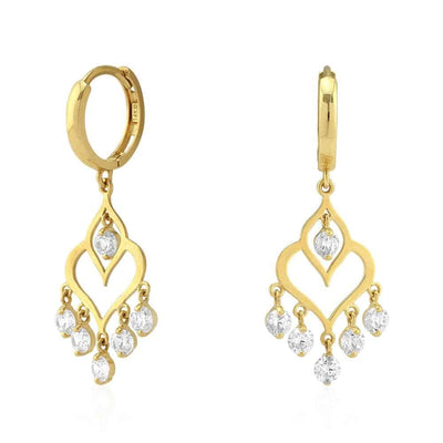 14k gold chandelier huggie hoop earrings featuring sparkling CZ stones, elegant design perfect for any occasion.