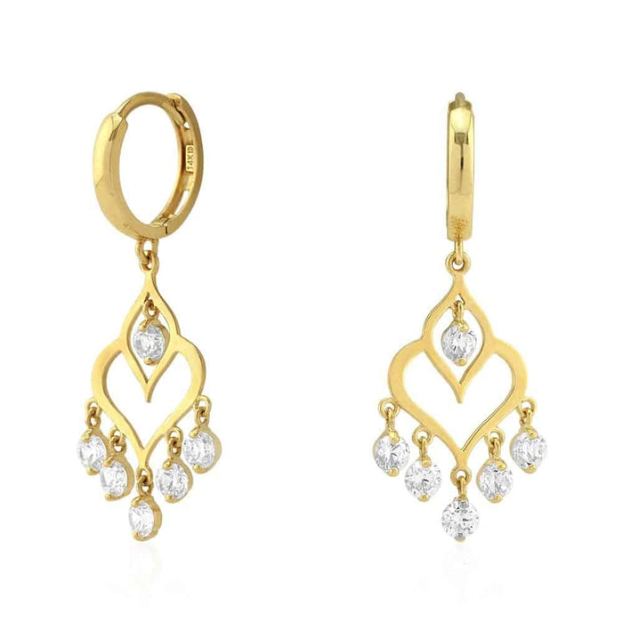 14k gold chandelier huggie hoop earrings featuring sparkling CZ stones, elegant design perfect for any occasion.