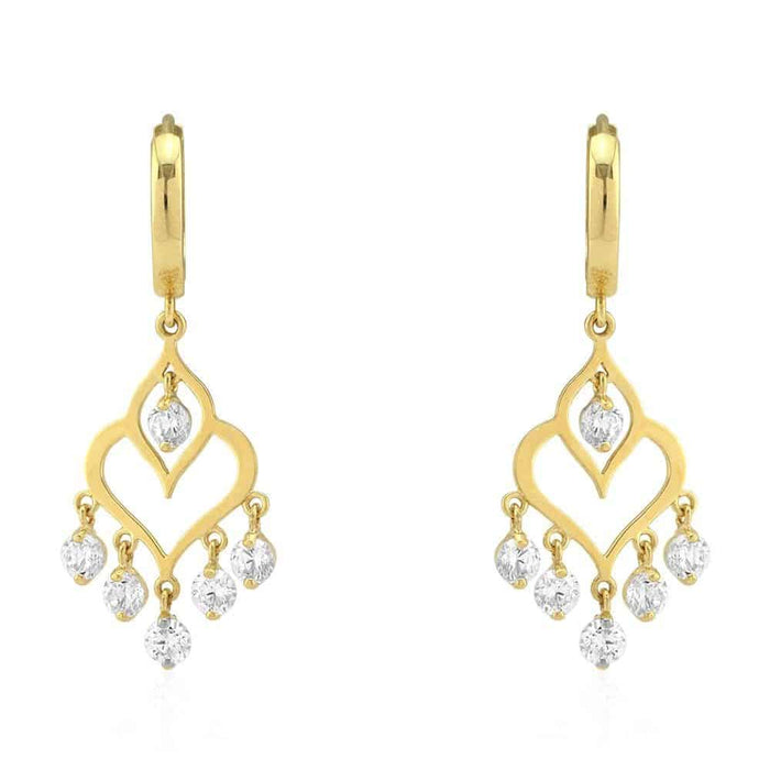 14k gold chandelier huggie hoop earrings with simulated diamonds, elegant dangle design in yellow gold.