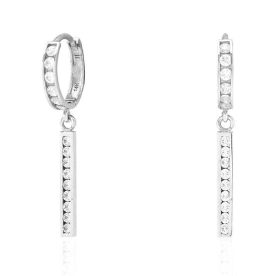 14k White Gold 0.75Ct CZ Bar Drop Huggie Hoop Earrings