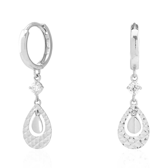 14k White Gold CZ Teardrop Huggie Hoop Earrings