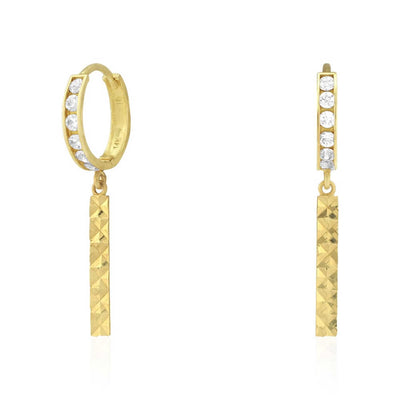 14k Yellow Gold CZ Bar Huggie Hoop Earrings