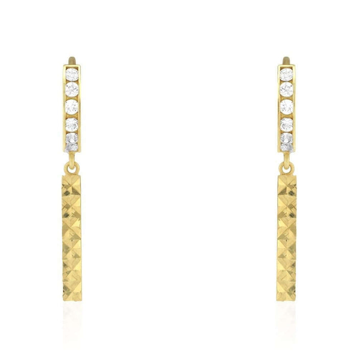 14k Yellow Gold CZ Bar Huggie Hoop Earrings
