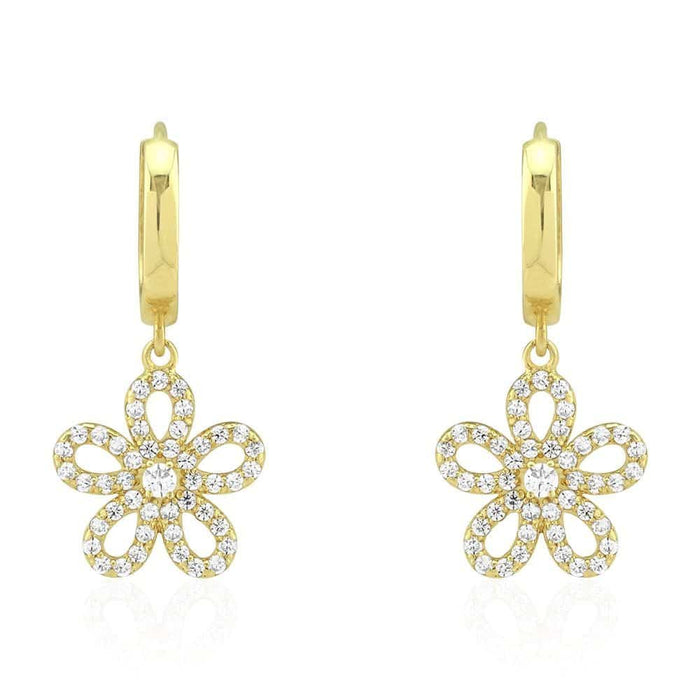14k Yellow & White Gold CZ Flower Huggie Hoop Earrings