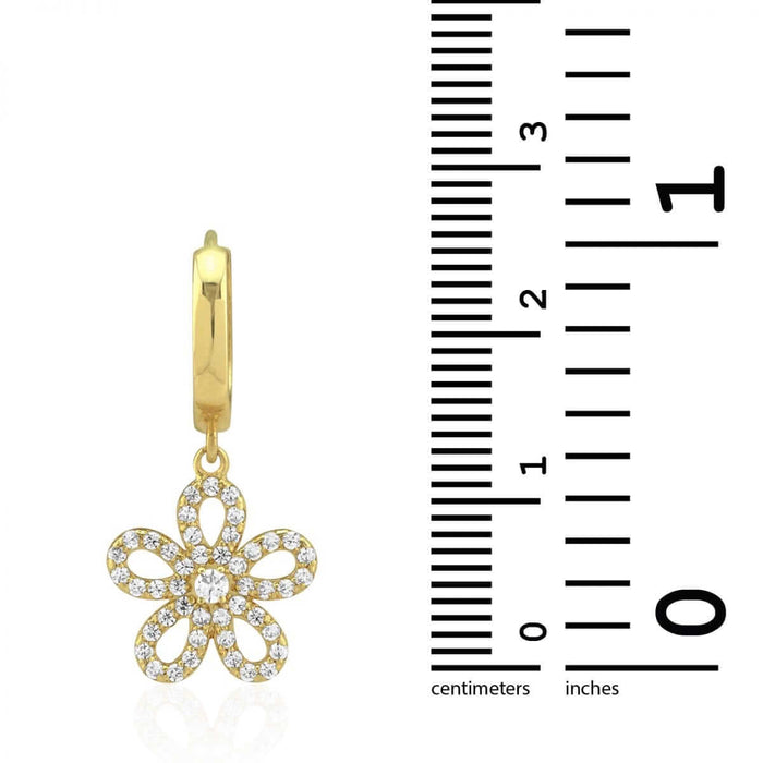 14k Yellow & White Gold CZ Flower Huggie Hoop Earrings