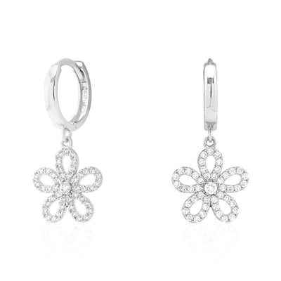 14k Yellow & White Gold CZ Flower Huggie Hoop Earrings