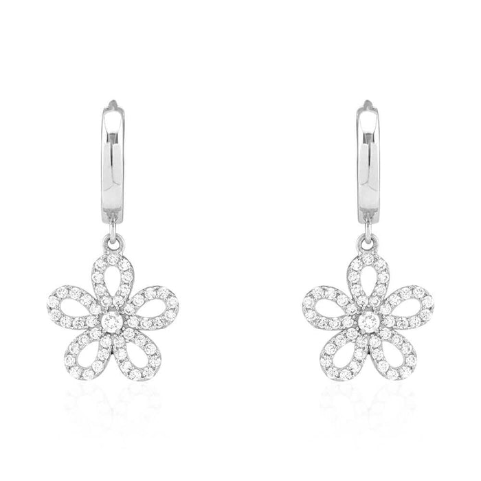 14k Yellow & White Gold CZ Flower Huggie Hoop Earrings