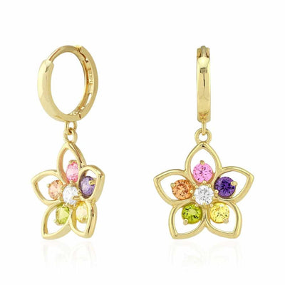 14k Yellow & White Gold Multi-color Gemstone Flower Huggie Hoop Earrings