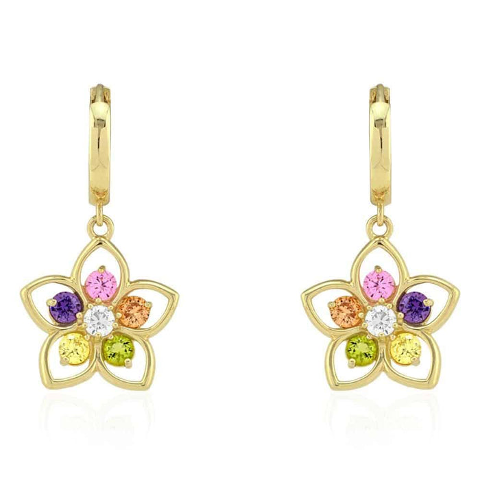 14k Yellow & White Gold Multi-color Gemstone Flower Huggie Hoop Earrings