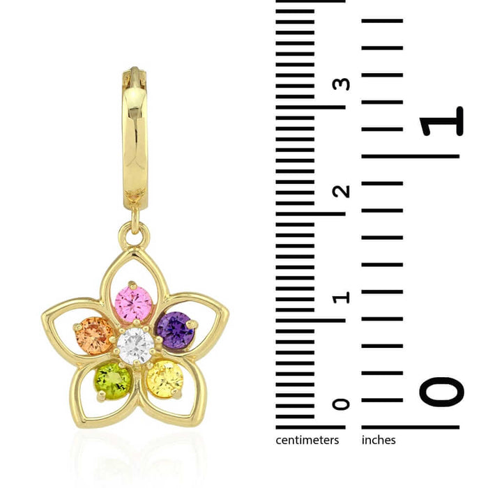 14k Yellow & White Gold Multi-color Gemstone Flower Huggie Hoop Earrings