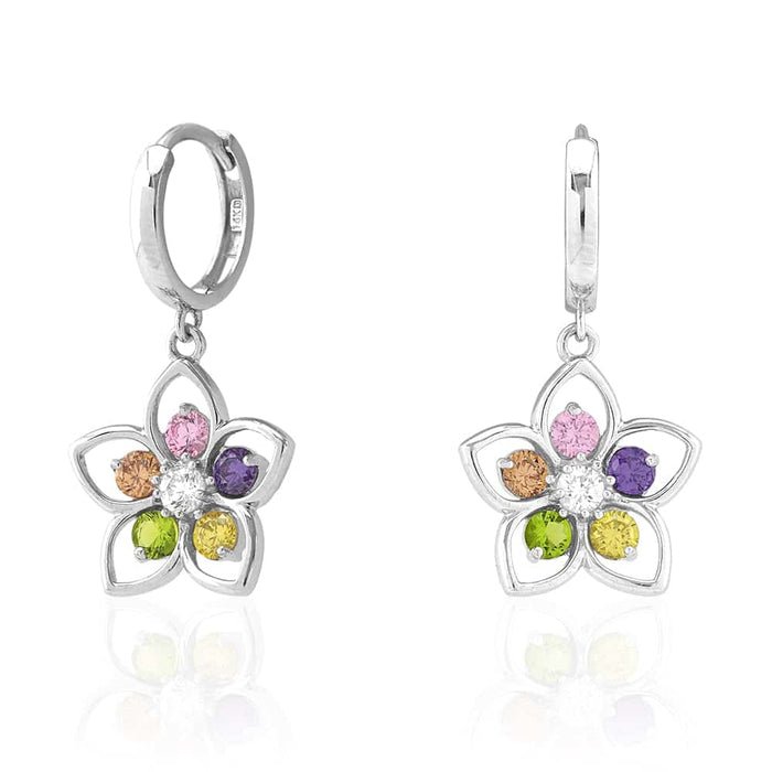 14k Yellow & White Gold Multi-color Gemstone Flower Huggie Hoop Earrings