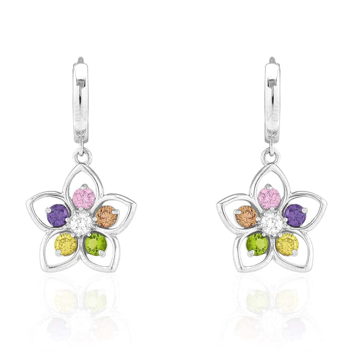 14k Yellow & White Gold Multi-color Gemstone Flower Huggie Hoop Earrings