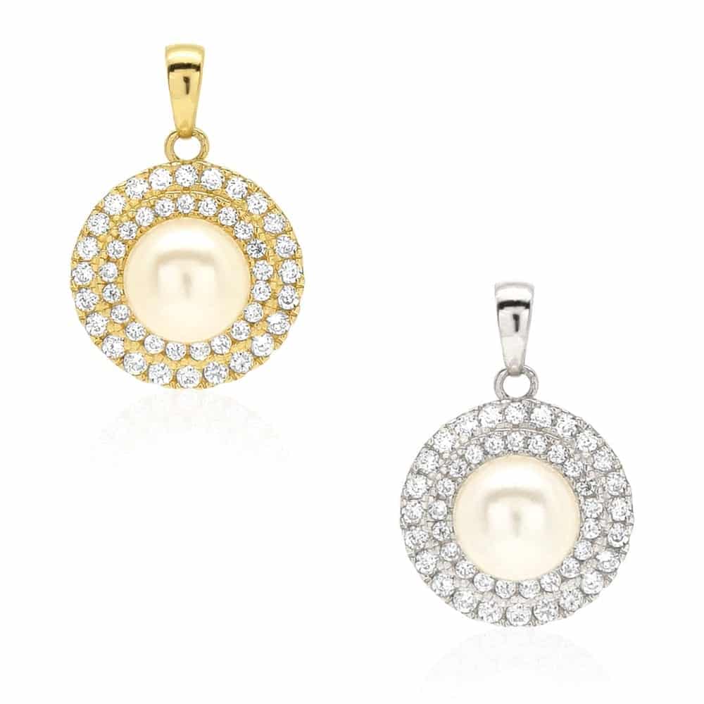 14K Gold 0.60Ct CZ Cultured Pearl Halo Pendant 0.71"