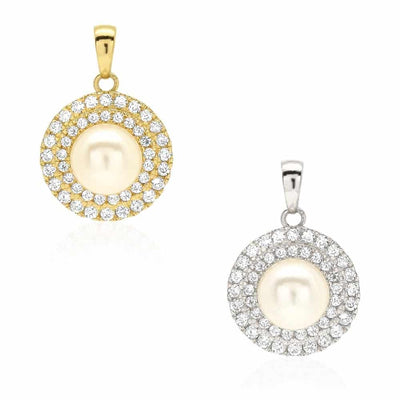 14K Gold 0.60Ct CZ Cultured Pearl Halo Pendant 0.71"