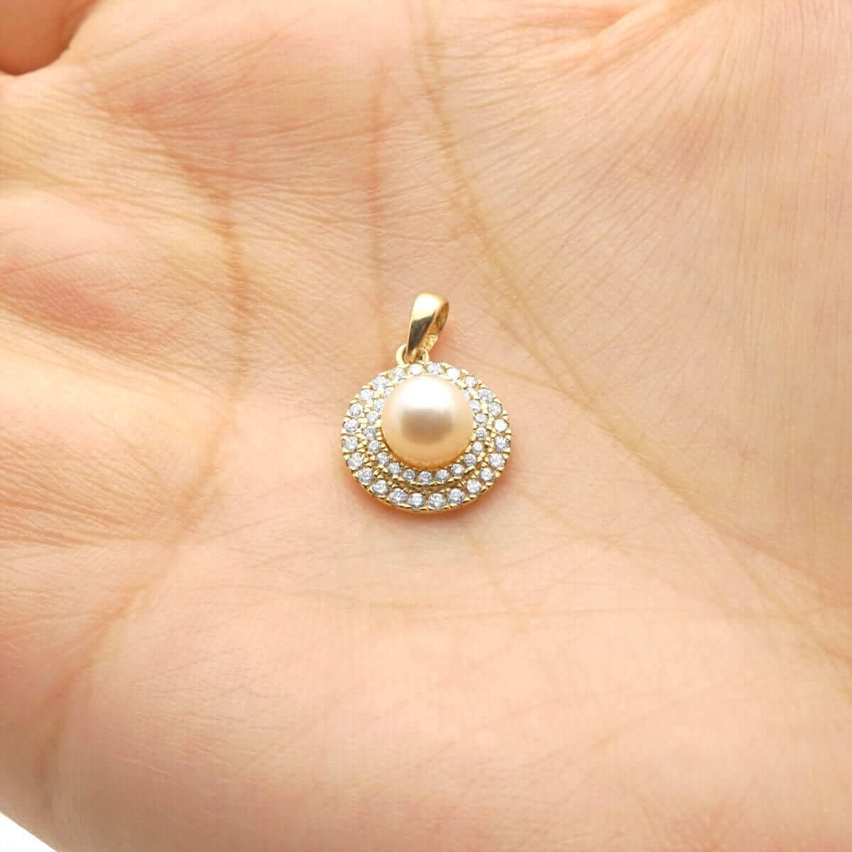 14K Gold 0.60Ct CZ Cultured Pearl Halo Pendant 0.71"