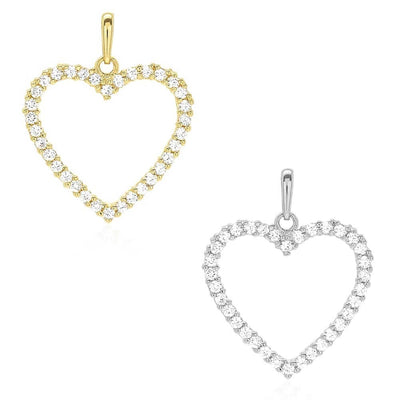 14K Yellow Gold White Gold 0.75Ct CZ Open Heart Pendant 0.8"