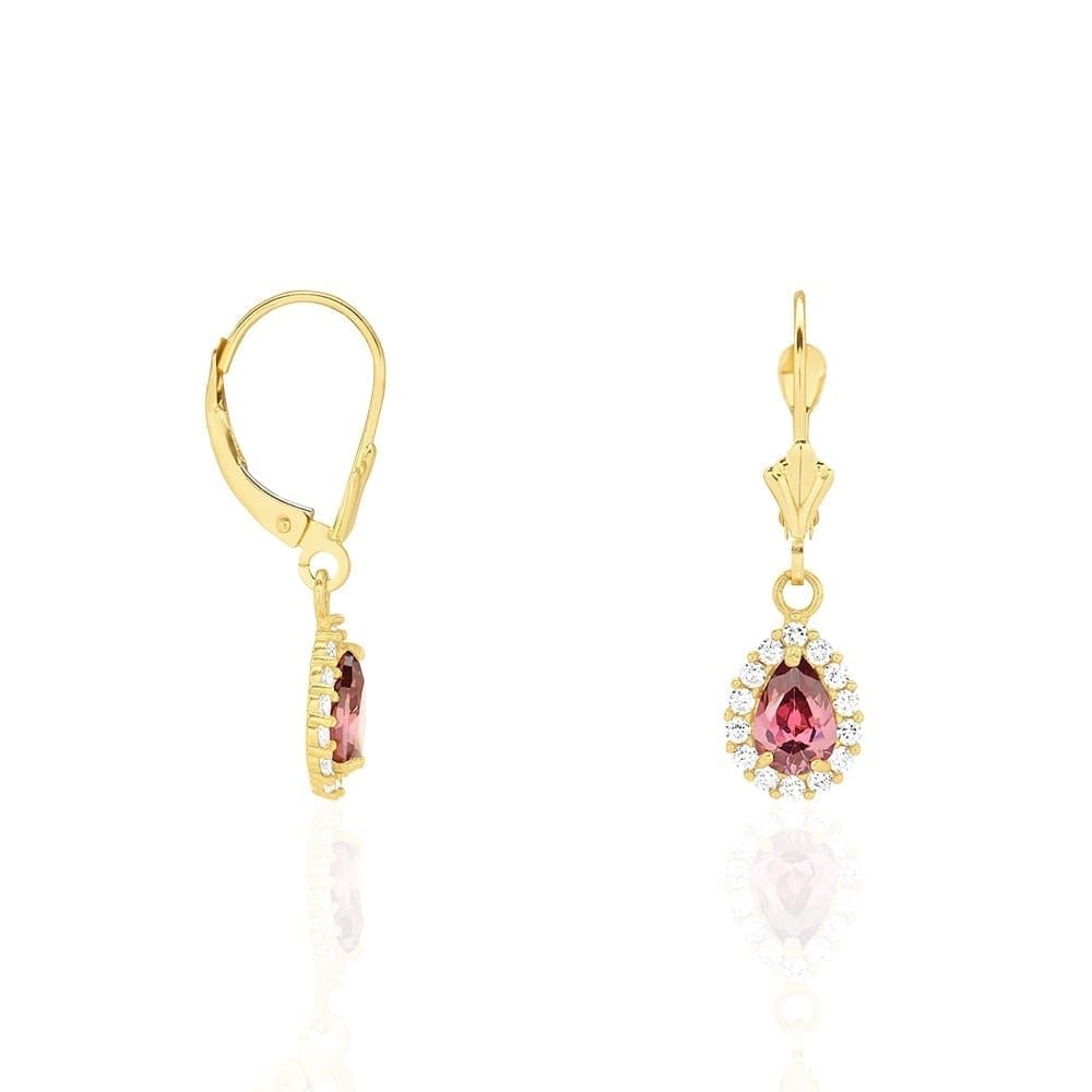 14K Gold Simulated Birthstone Halo Teardrop  Leverback Earrings