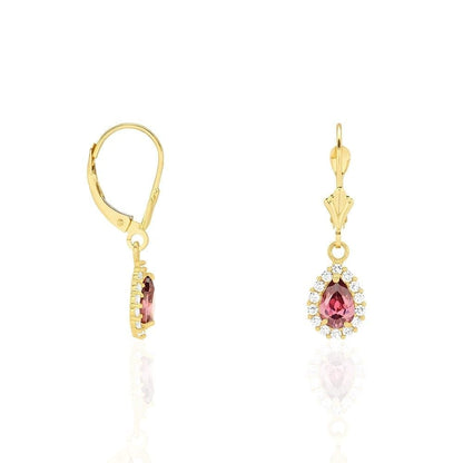 14K Gold Simulated Birthstone Halo Teardrop  Leverback Earrings