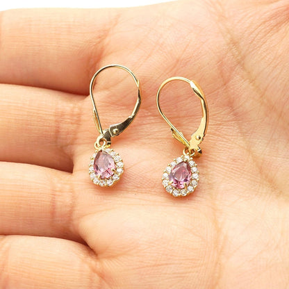 14K Gold Simulated Birthstone Halo Teardrop  Leverback Earrings